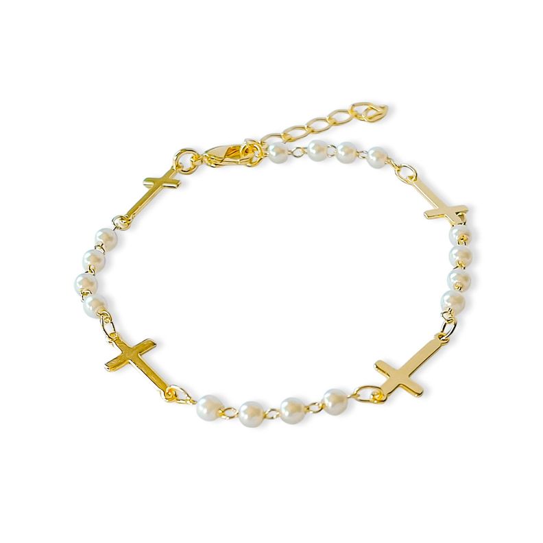 Pulsera Cruz Perlas Enchapado Oro 18K-1