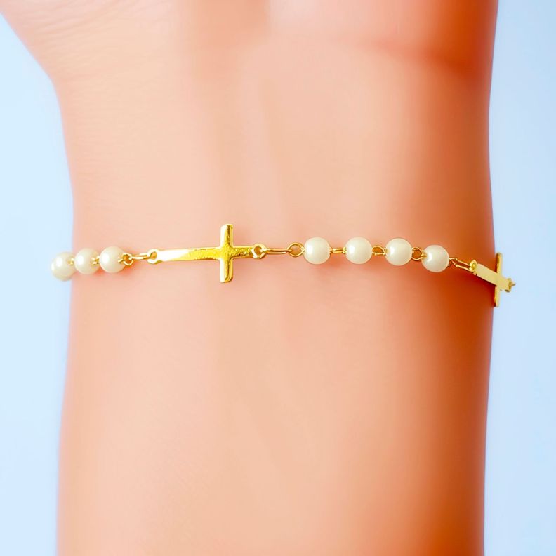 Pulsera Cruz Perlas Enchapado Oro 18K-2