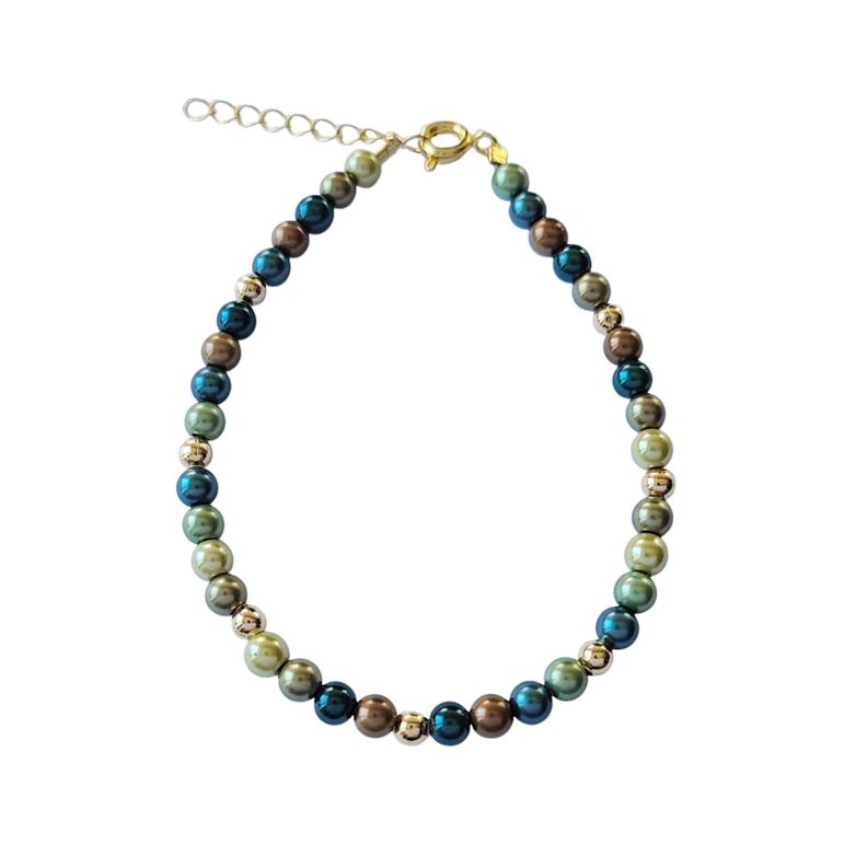 Pulsera Perlas Shellpearl Verde Café 4mm Enchapado Oro 18K-1