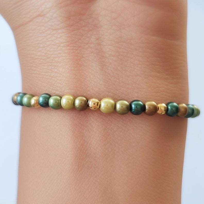 Pulsera Perlas Shellpearl Verde Café 4mm Enchapado Oro 18K-2