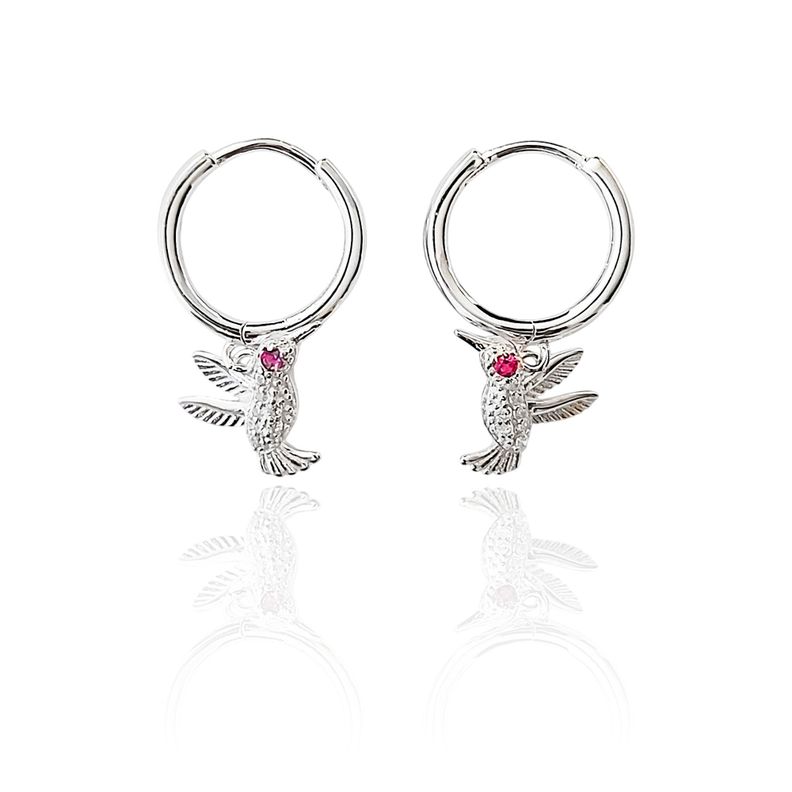 Aros Argolla Colibrí Circón Fucsia Plata Fina 925-0