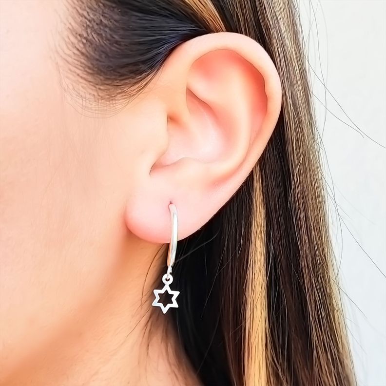 Aros Argolla 16mm Estrella Colgante Plata Fina 925-2