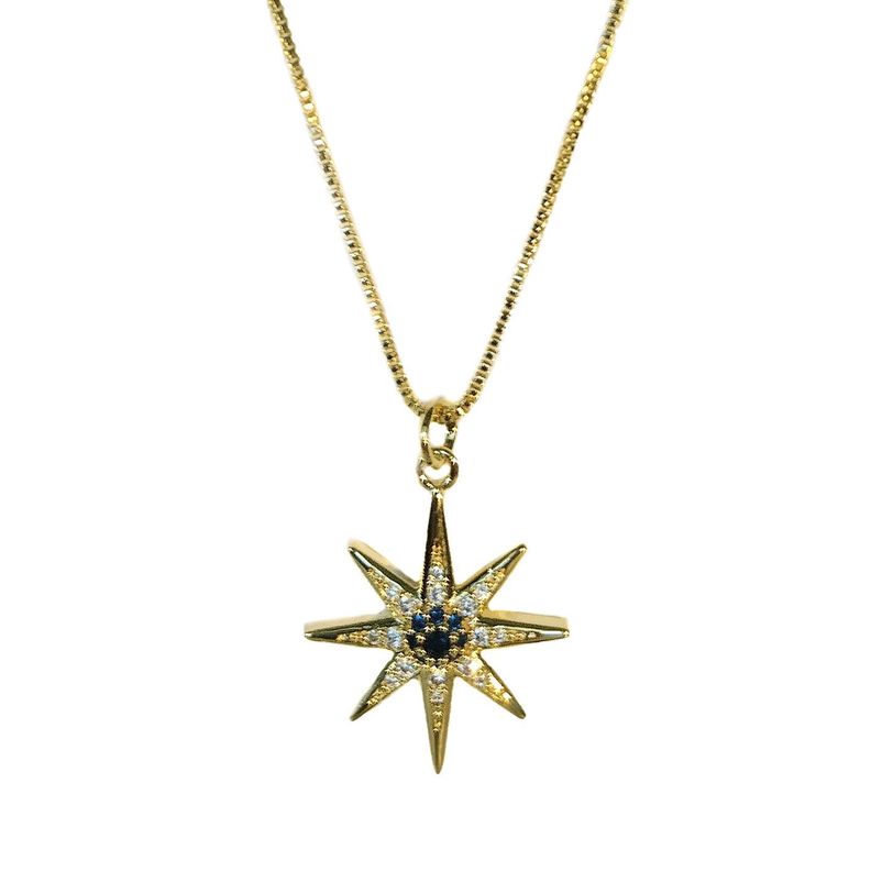 Collar Estrella Centro Azul Circón Enchapado Oro 18K-0