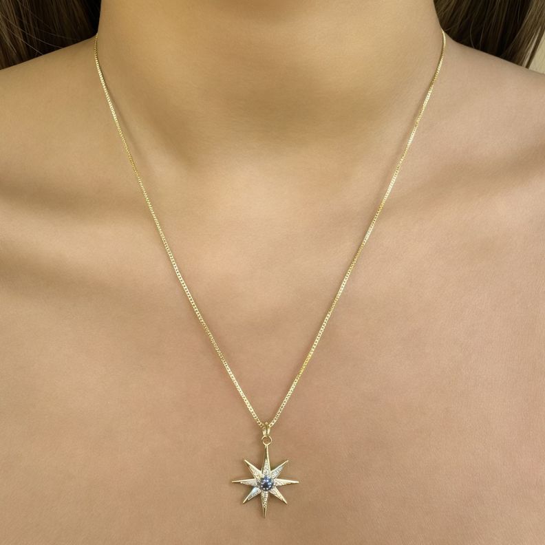Collar Estrella Centro Azul Circón Enchapado Oro 18K-2