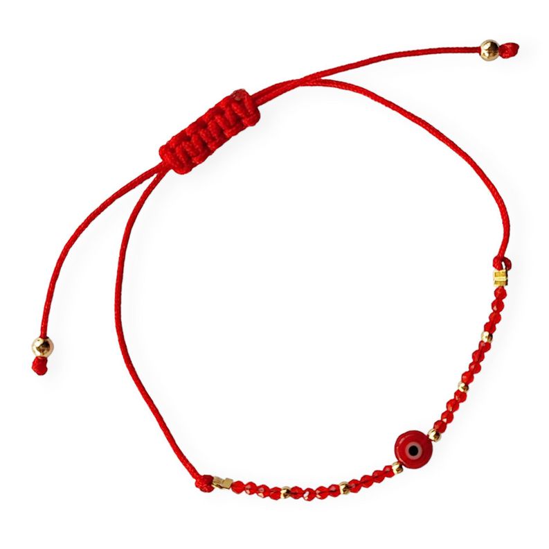 Pulsera Cristales Rojo Ojo Turco Enchapado Oro 18K Cordón Rojo-2