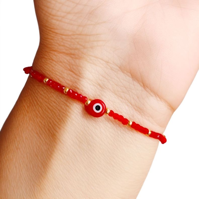 Pulsera Cristales Rojo Ojo Turco Enchapado Oro 18K Cordón Rojo-3