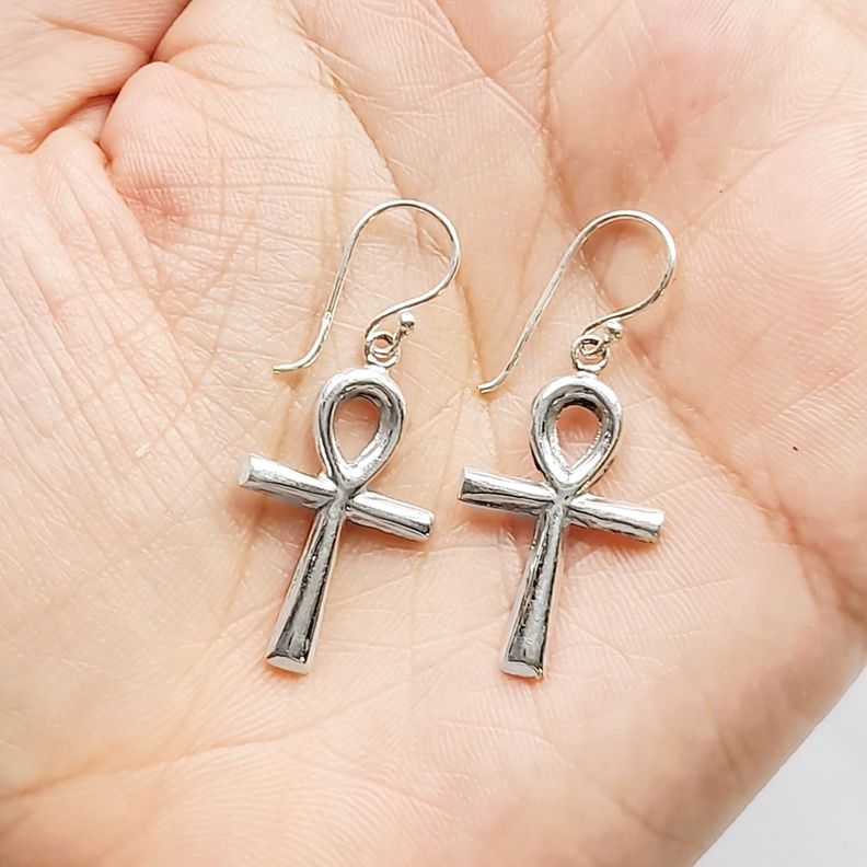 Aros Cruz Ankh Colgante Gancho Plata Fina 925-1