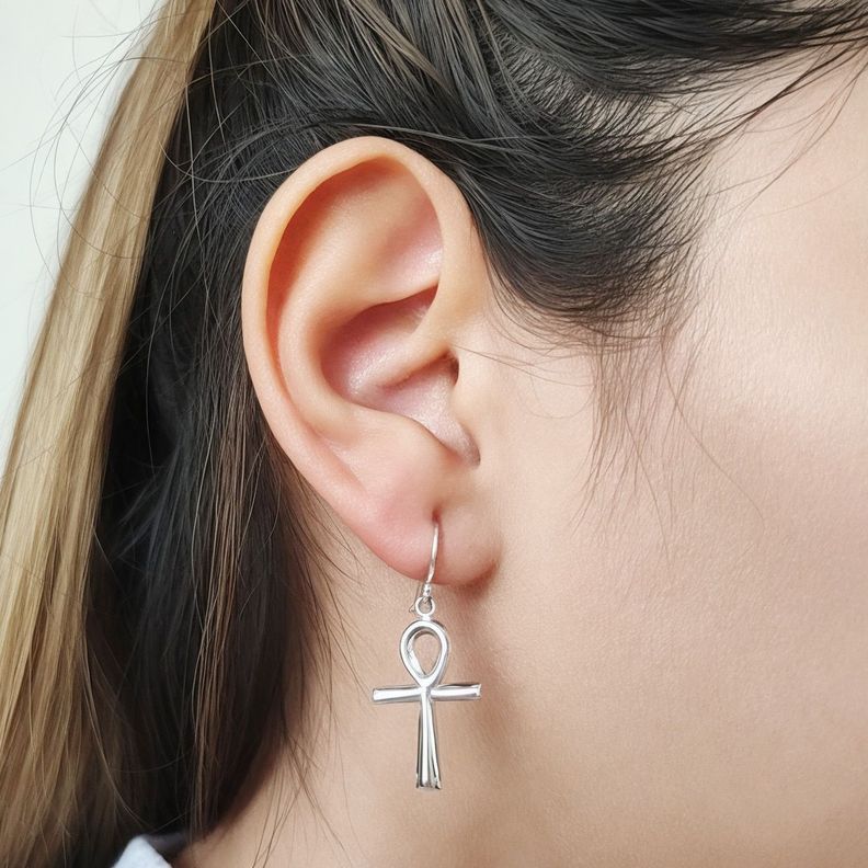 Aros Cruz Ankh Colgante Gancho Plata Fina 925-2