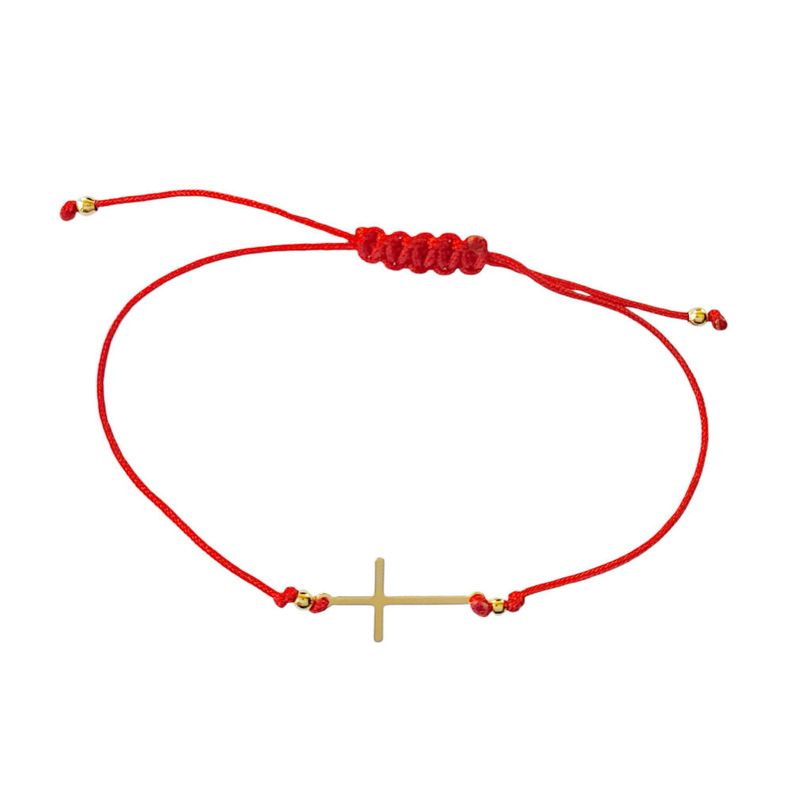 Pulsera Cruz Plana Enchapado Oro 18K Cordón Rojo Ajustable-0