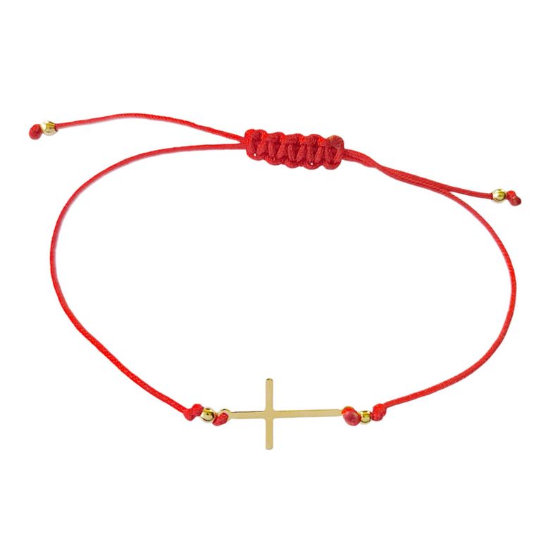 Pulsera Cruz Plana Enchapado Oro 18K Cordón Rojo Ajustable-1