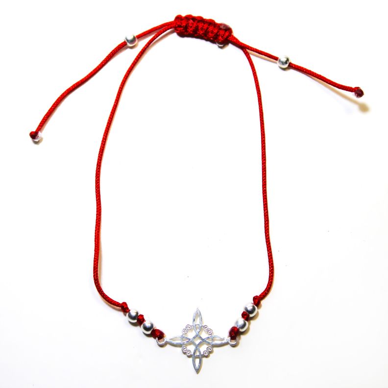 Pulsera Nudo De Bruja Plano Cordón Rojo Plata Fina 925-0
