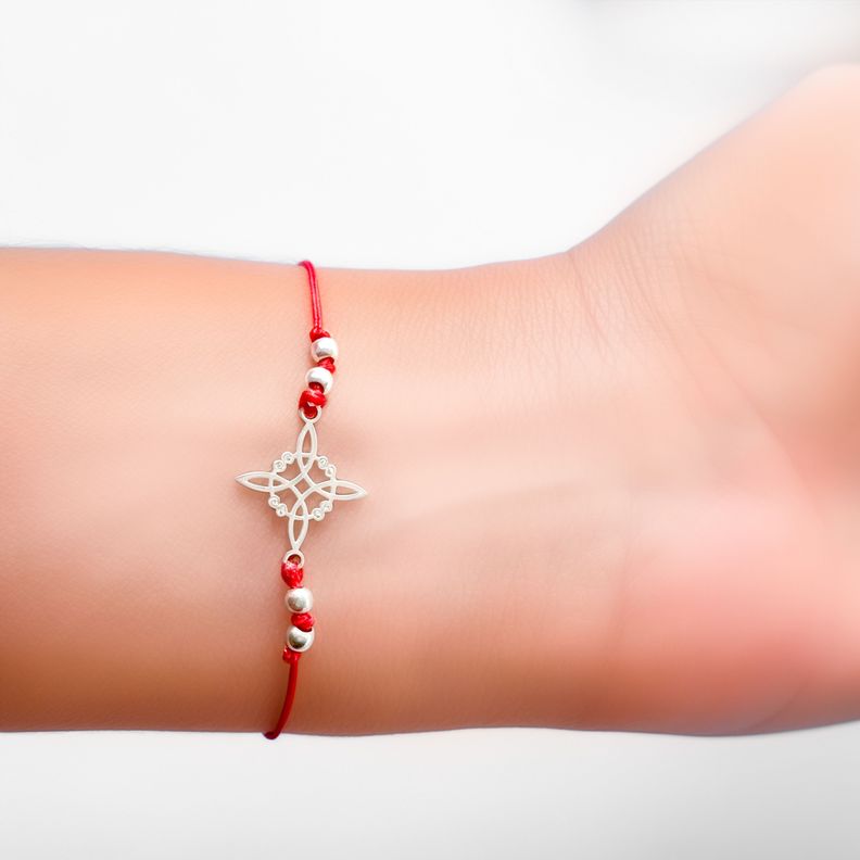 Pulsera Nudo De Bruja Plano Cordón Rojo Plata Fina 925-3