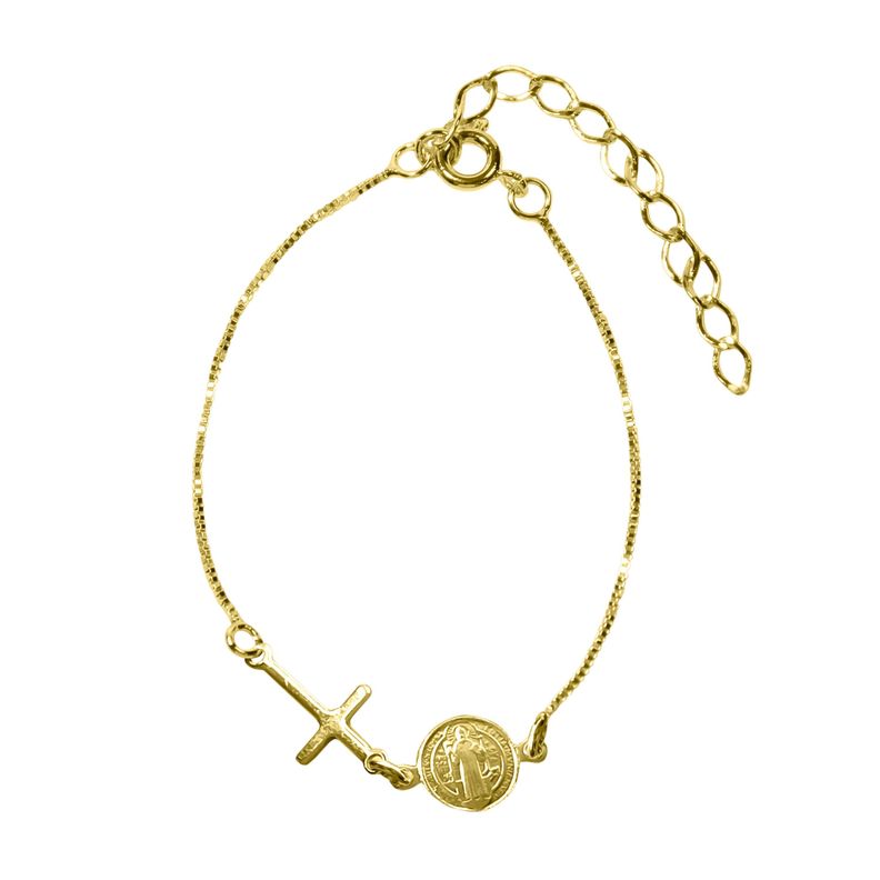 Pulsera Medalla San Benito Cruz Niña Enchapada Oro 18K-0