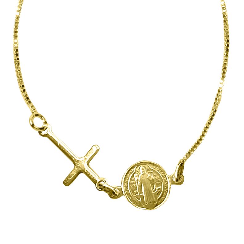 Pulsera Medalla San Benito Cruz Niña Enchapada Oro 18K-1