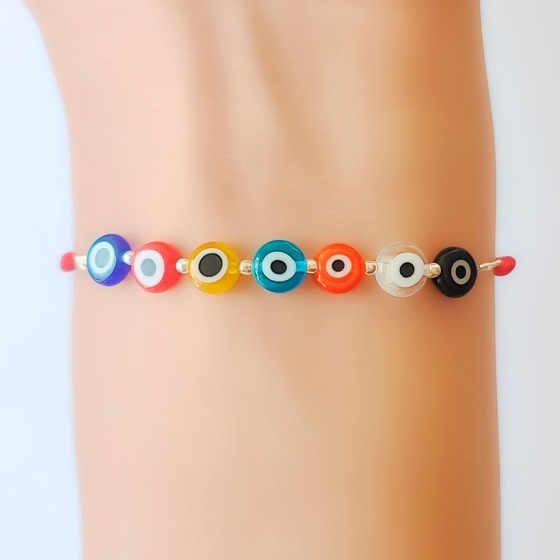 Pulsera 7 Ojos Turcos Colores Cordón Rojo-2