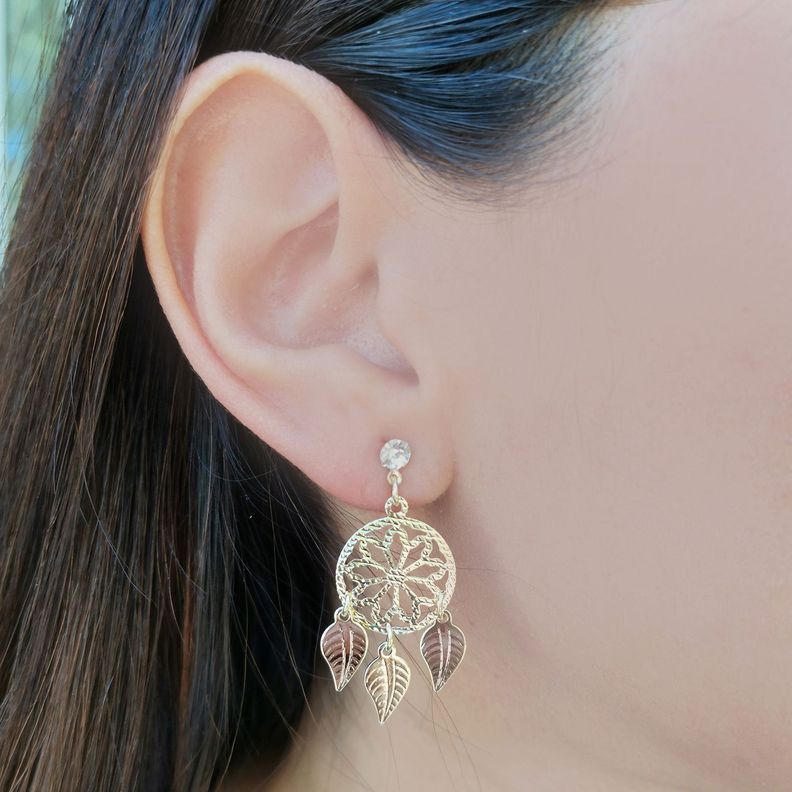 Aros Atrapasueños Pequeño Hojas Circón Enchapado Oro 18K-1
