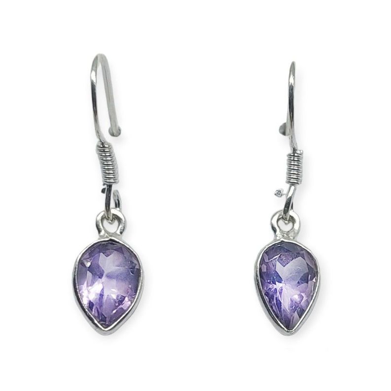 Aros Gota Amatista Facetada Gancho Plata Fina 925-0