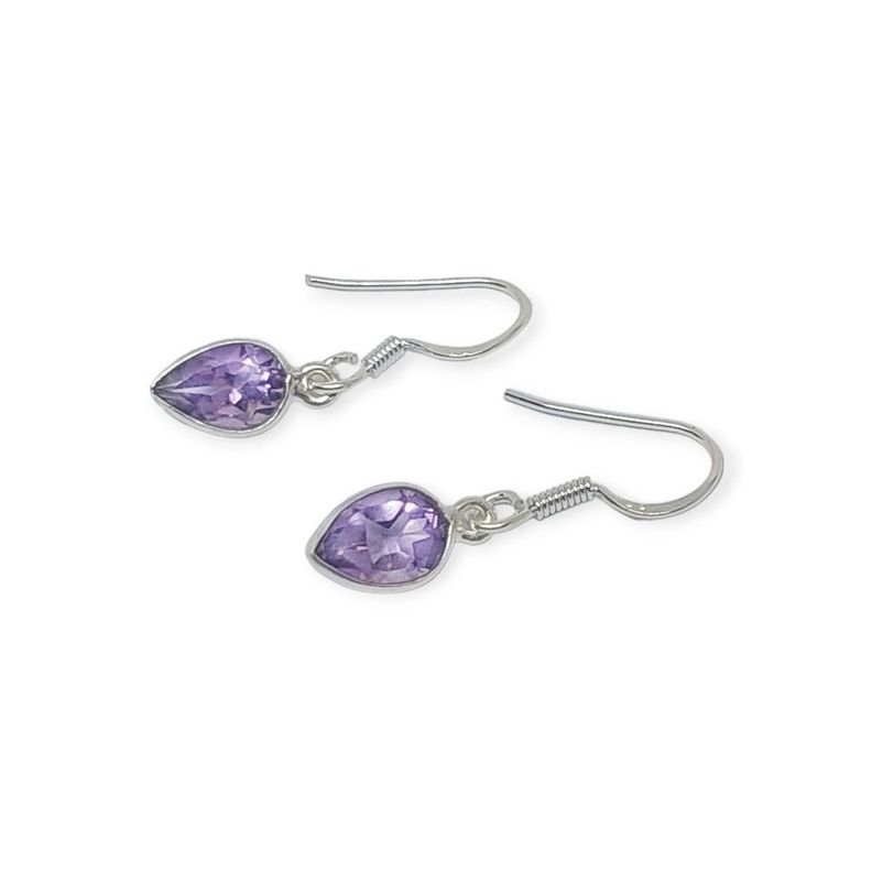 Aros Gota Amatista Facetada Gancho Plata Fina 925-1