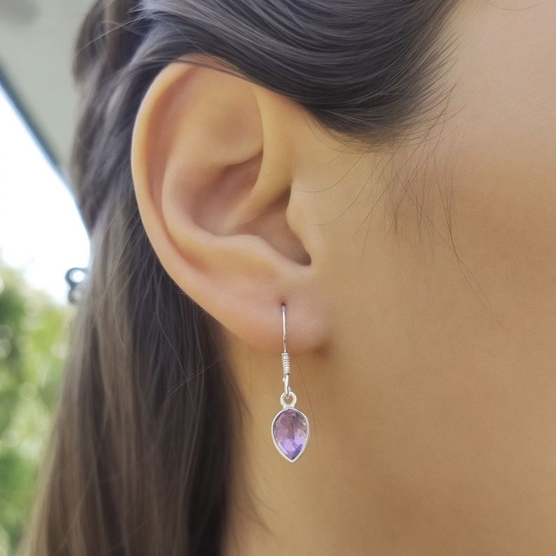 Aros Gota Amatista Facetada Gancho Plata Fina 925-2
