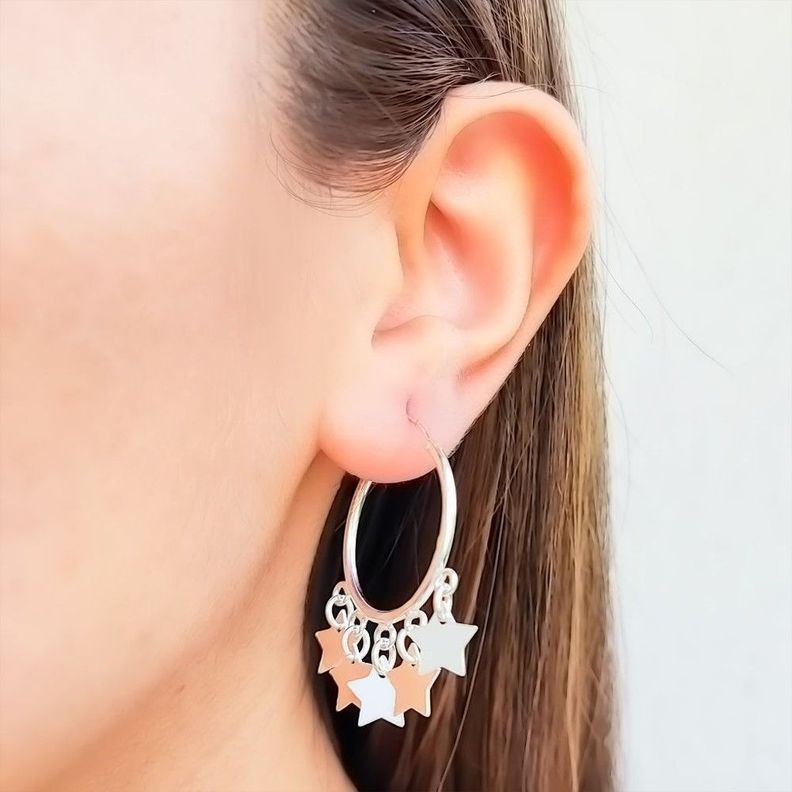 Aros Argolla Bolitas Estrellas Plata Fina 925-2