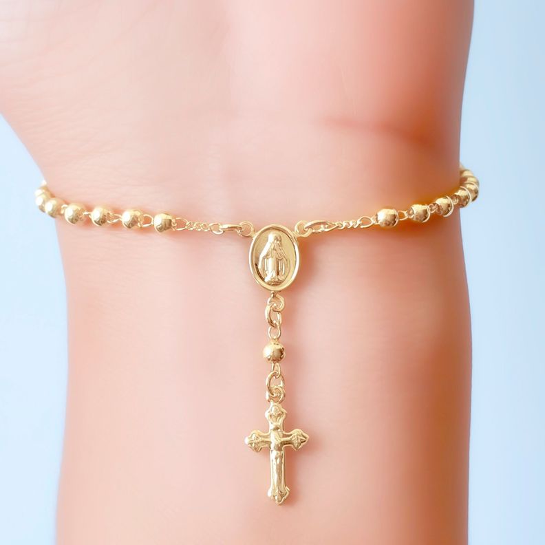 Pulsera Denario Virgen De Los Rayos Bolita Enchapado Oro 18K-2