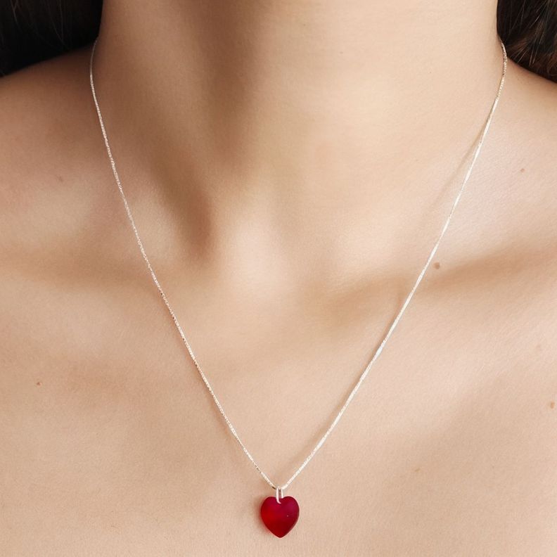 Collar Corazón Cristal Rojo Plata Fina 925-3