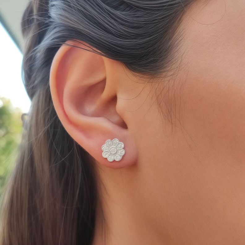 Aros Flor Margarita Circón Plata Fina 925-2