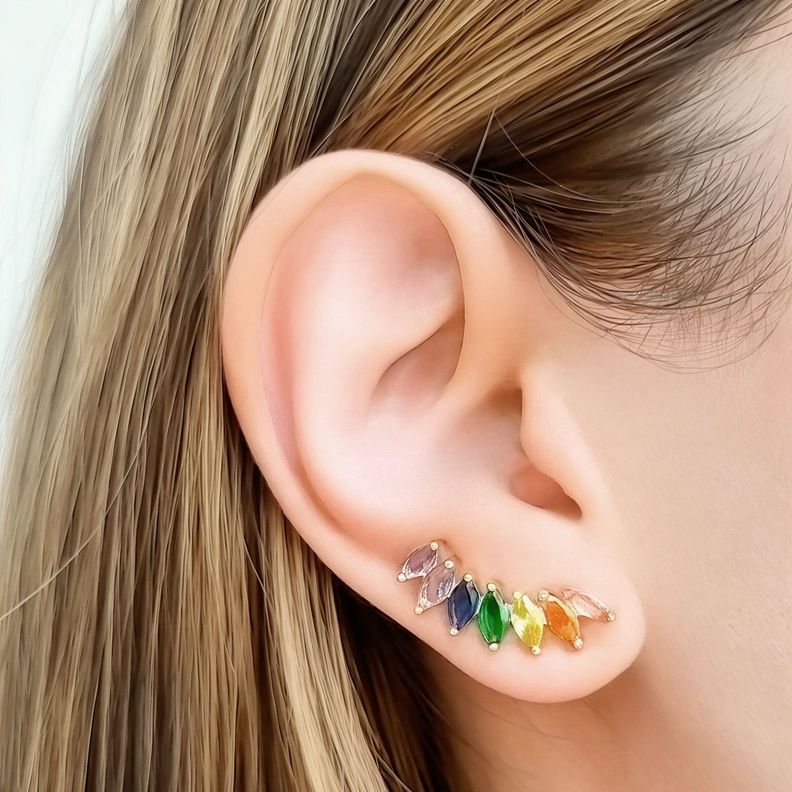Aros Trepadores Circón Pepa Multicolor Enchapado Oro 18K-3