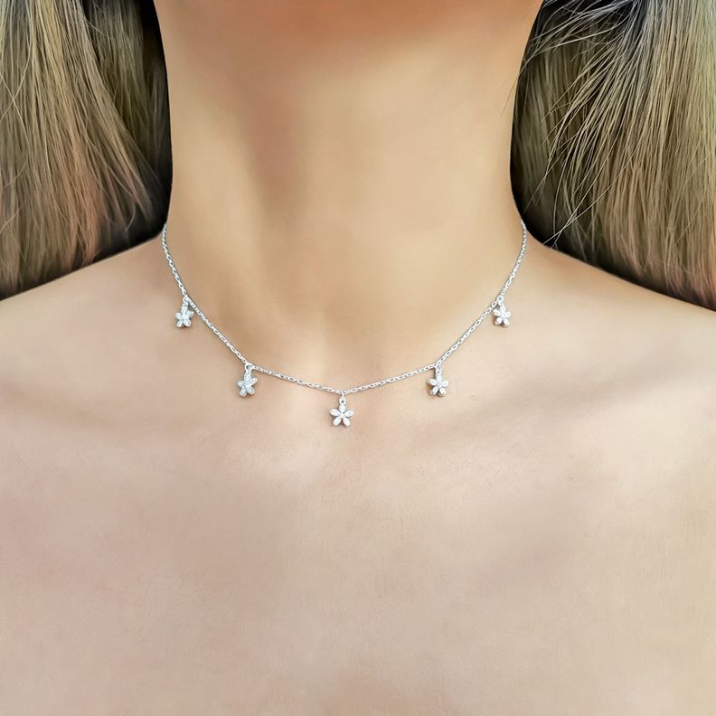 Collar Choker Flores Circones Plata Fina 925-2