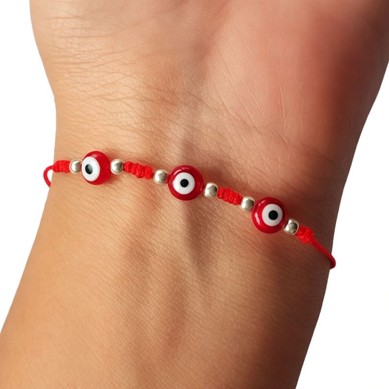 Pulsera 3 Ojo Turco Rojo Cordón Rojo Plata Fina 925-2
