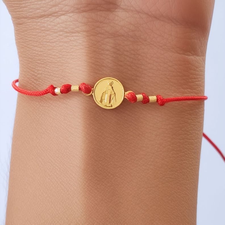 Pulsera Virgen De Los Rayos Enchapado Oro 18K Cordón Rojo Ajustable-2