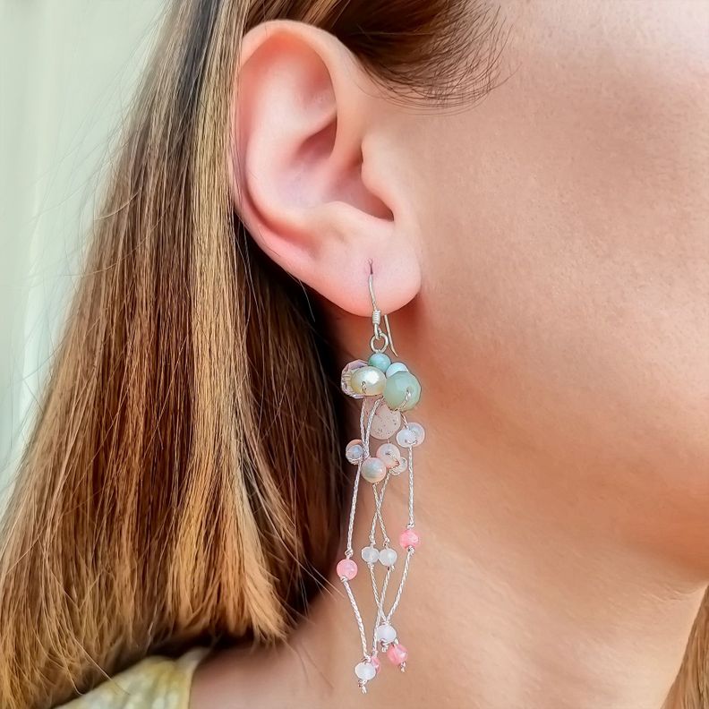 Aros Cuarzo Rosa y Perlas De Río Gancho Plata Fina 925-1