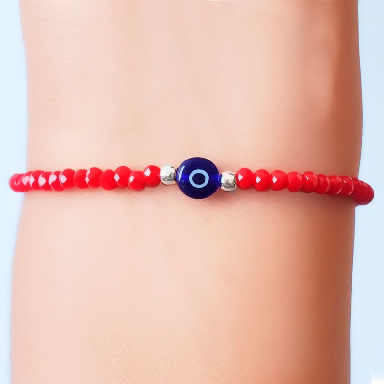 Pulsera Ojo Turco Cristal Azul Cristal Rojo Plata Fina 925-1
