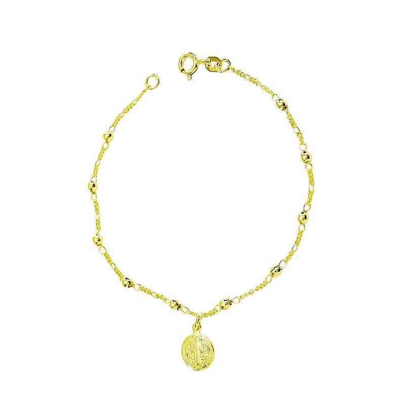 Pulsera Medalla San Benito Bolitas Enchapado Oro 18K-0