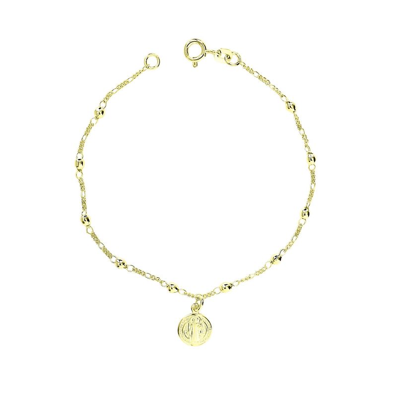 Pulsera Medalla San Benito Bolitas Enchapado Oro 18K-1