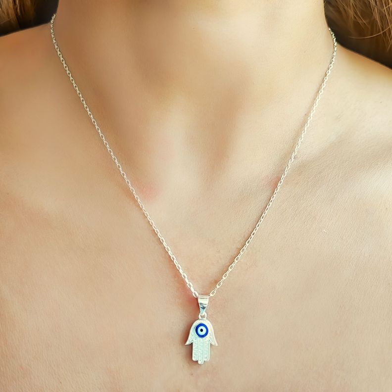 Collar Mano De Fátima Ojo Turco Plata Fina 925-2