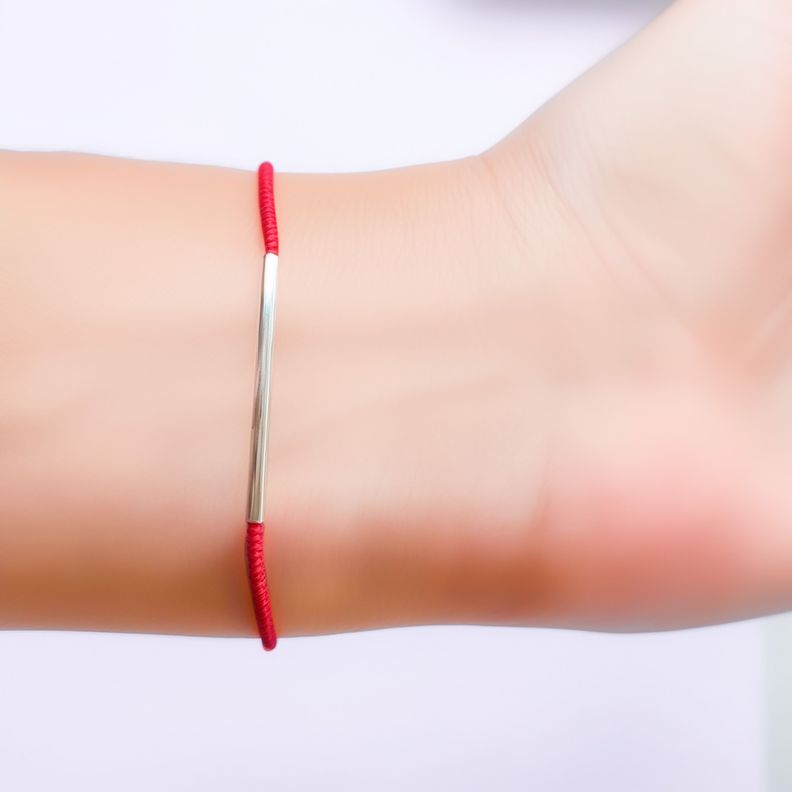 Pulsera Tubo Cordón Rojo Plata Fina 925-1
