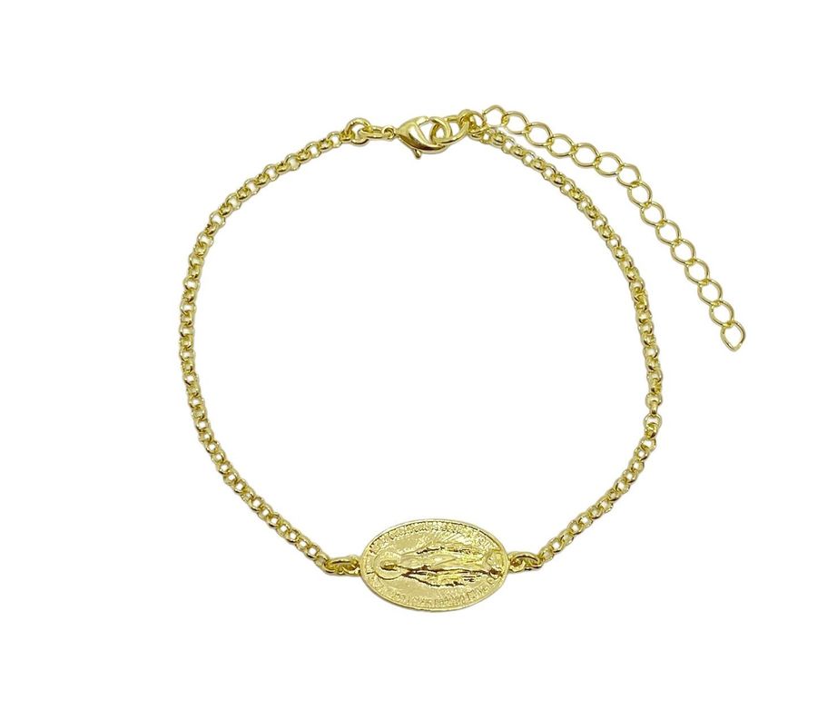 Pulsera Cadena Eslabón Virgen De Los Rayos Enchapado Oro 18K-0