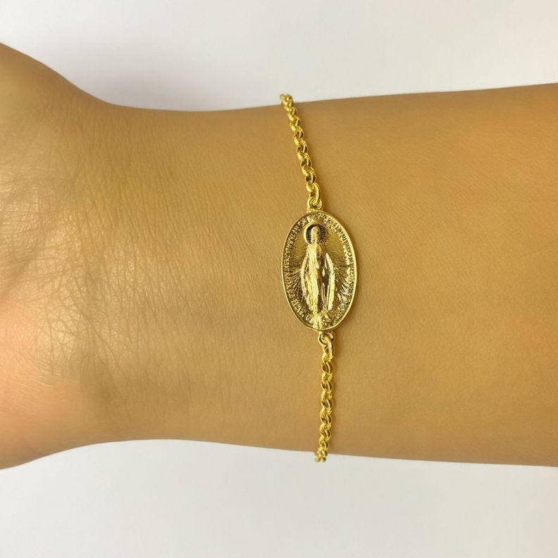 Pulsera Cadena Eslabón Virgen De Los Rayos Enchapado Oro 18K-2