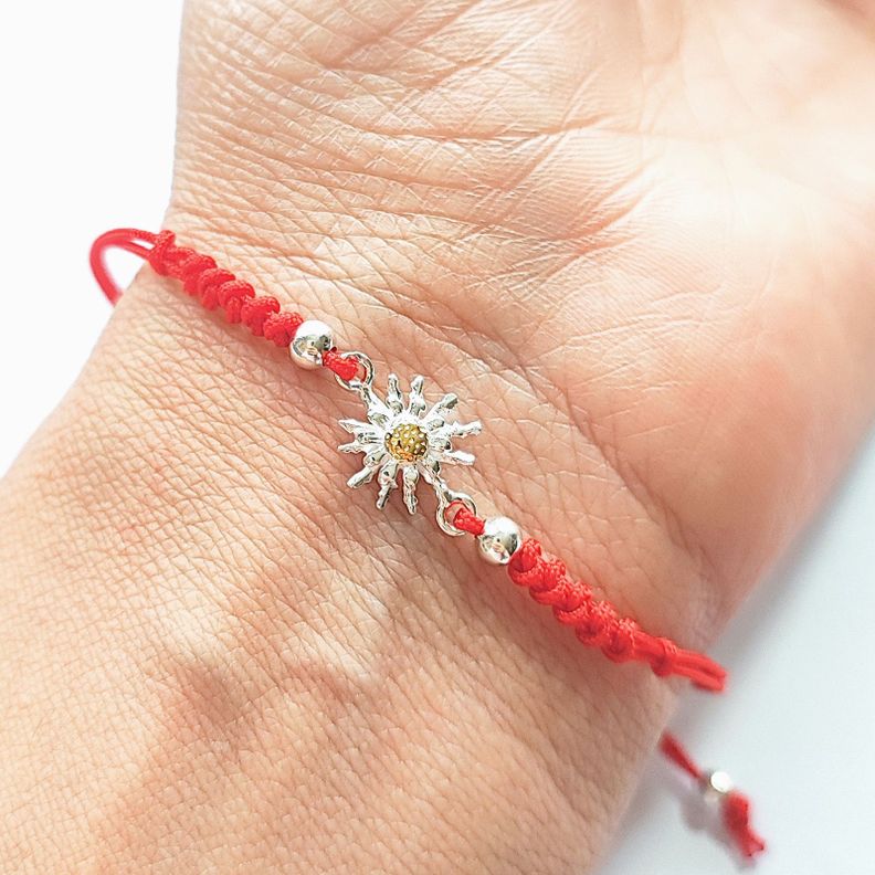 Pulsera Girasol Plata Fina 925 Cordón Rojo-2
