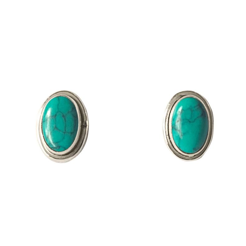 Aros Boton Ovalo Turquesa Plata Fina 925