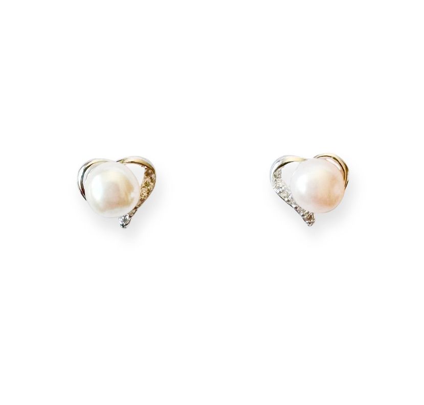 Aros Perla De Río 5mm Circón Corazón Plata fina 925-0