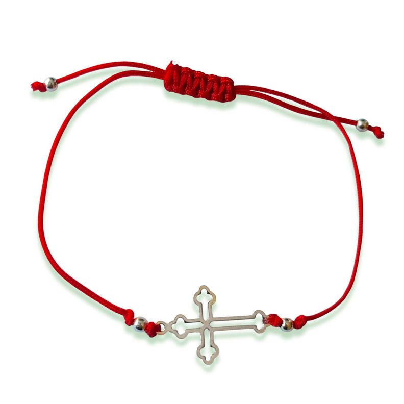 Pulsera Cruz Gótica Bolita Plata Fina 925 Cordón Rojo-0