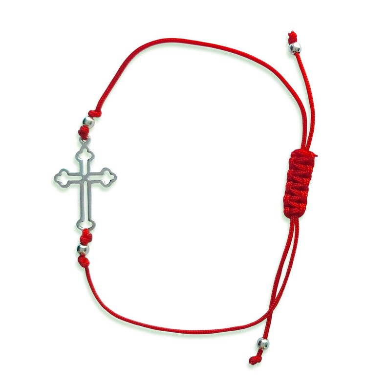 Pulsera Cruz Gótica Bolita Plata Fina 925 Cordón Rojo-1