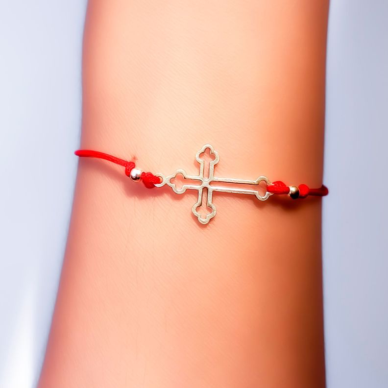 Pulsera Cruz Gótica Bolita Plata Fina 925 Cordón Rojo-2