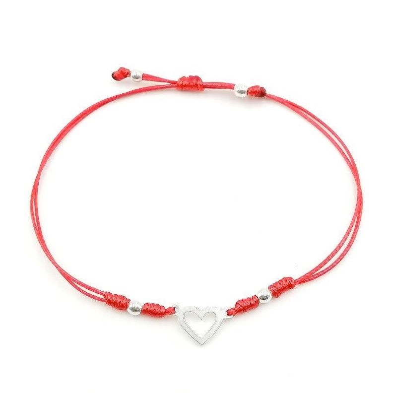 Pulsera Corazón Calado Plata Fina 925 Cordón Rojo-0