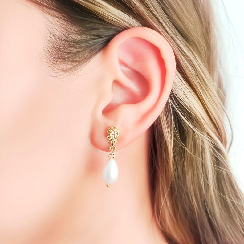 Aros Perla Shellpearl Gota Tope Enchapado Oro 18K-2