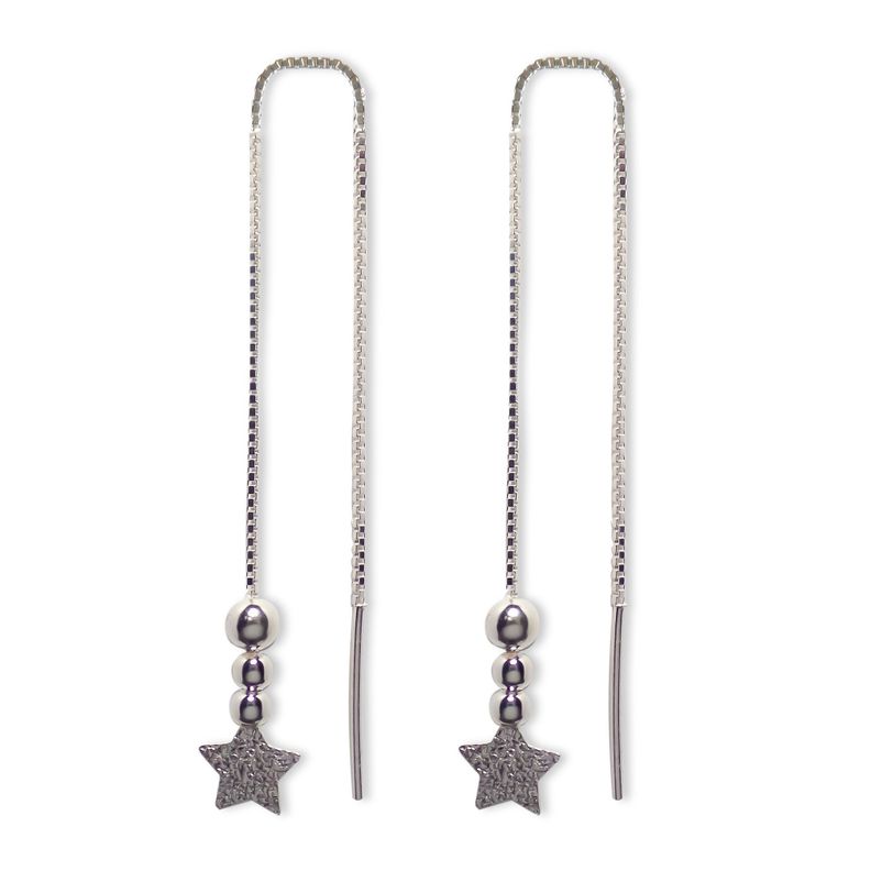 Aros Colgante Cadena Veneciana Estrella Satinada Bolitas Plata Fina 925-0
