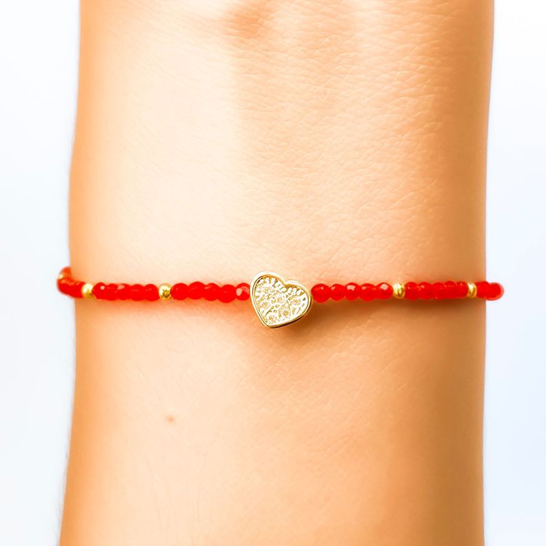 Pulsera Corazón Circón Enchapado Oro 18K Cristal Rojo-2