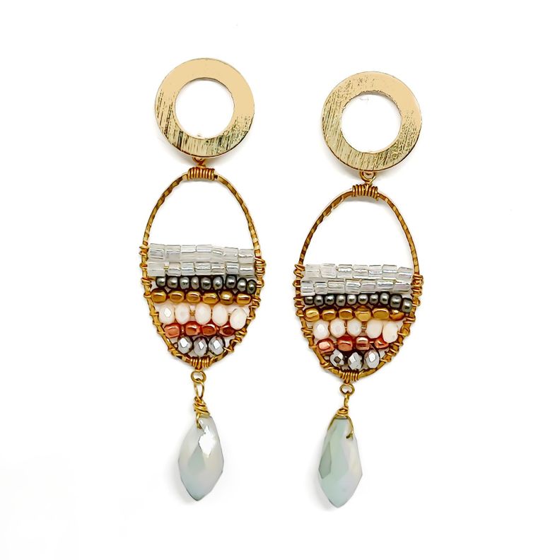 Aros Mostacilla Cristal Terroso Alambre Bronce Tope Enchapado Oro 18K-0